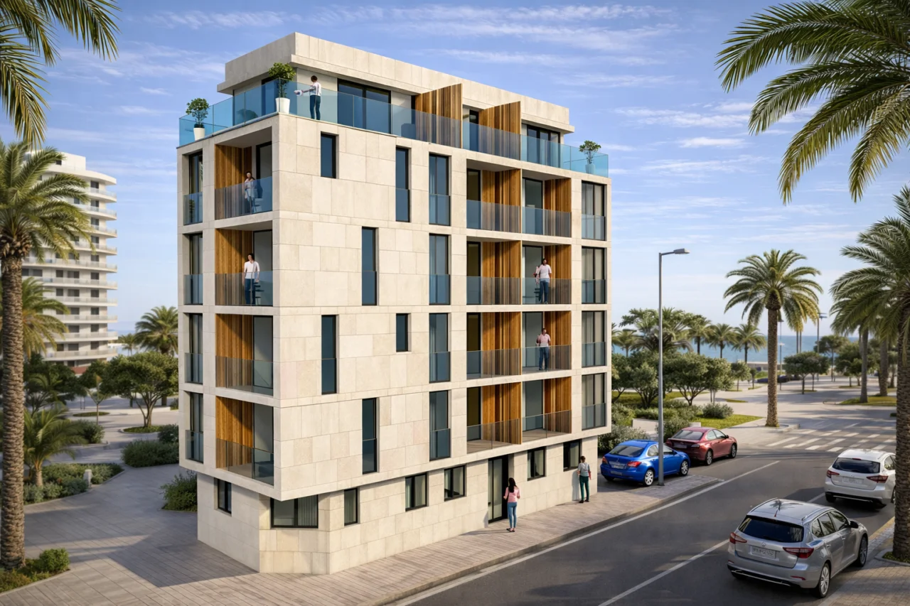 Edificio Vento exterior render — corner plot in central Torrevieja